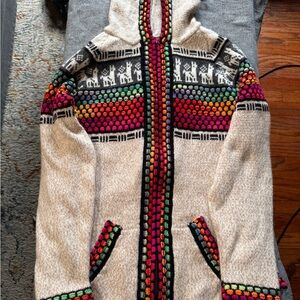 Multicolor Knit Hooded Cardigan with Llama Design